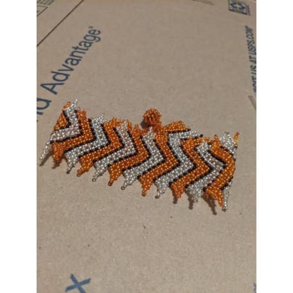 Handmade Seed Bead Chevron Cuff Bracelet Boho Orange Silver Black